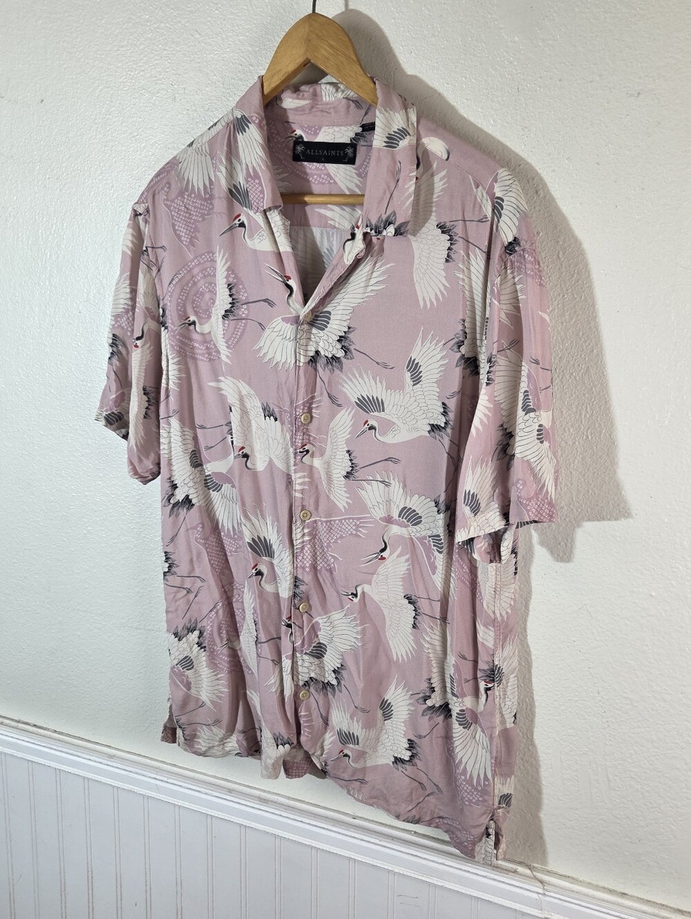 AllSaints Mens L Crane Bird Print Button Up Shirt Pink Short Sleeve Viscose